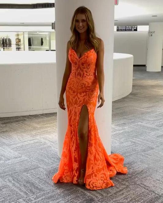 Unique orange prom dreses mermaid lace v neck formal gown nv120