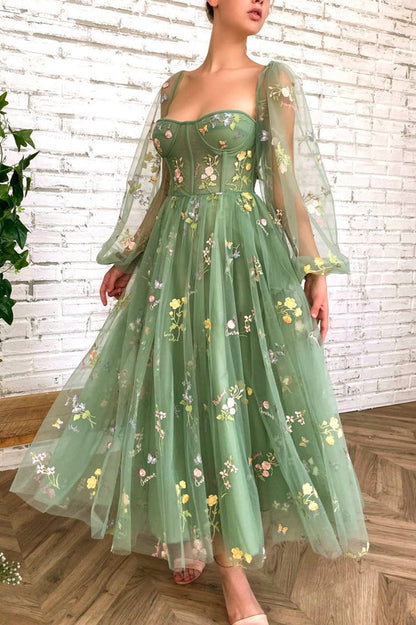 green floral occasion dress Kelly Green Floral Smocked Tiered Maxi Dress with Bubble Sleeves