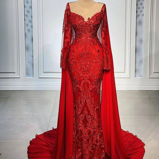 2022 Plus Size Arabic Aso Ebi Red Luxurious Mermaid Prom Dresses Sheer Neck Lace Beaded Evening Formal Party Second Reception Gowns Dress nv4