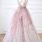 Pink tulle beads long prom dress pink evening dress nv99